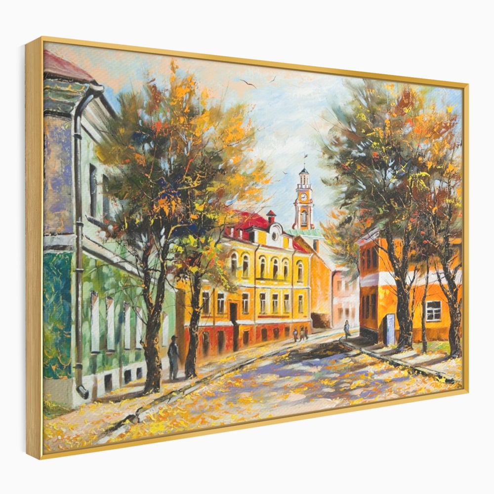 Tablou canvas cu pictura stradala cu peisaj de toamna, in rama de aluminiu auriu